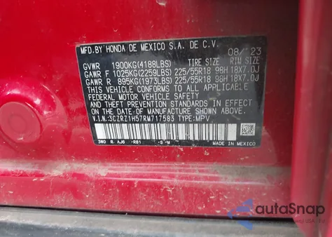 2024 Honda Hr-V 2Wd Sport/2Wd Sport W/O Bsi z USA, uszkodzony, nr VIN 3CZRZ1H57RM717583